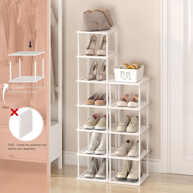 Vertical Tall Shoe Rack Organizer for Entryway -12 Tier Free Standing Slim Narrow Bamboo Wood Corner Stackable Shoe Boots Storage Stand Small Spaces for Closet Garage Cloakroom Living Room (White)