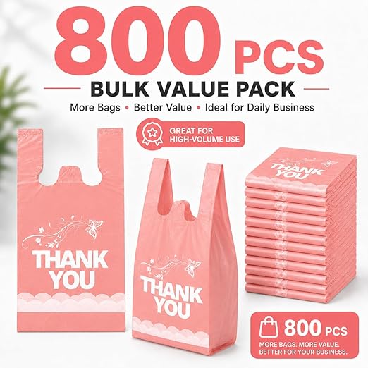 YoYoRain 800 Pack Pink Thank You T-Shirt Bags with Handles, 11"x6"x21" Durable HDPE Plastic Shopping Bags for Grocery, Retail, Takeout & Small Business