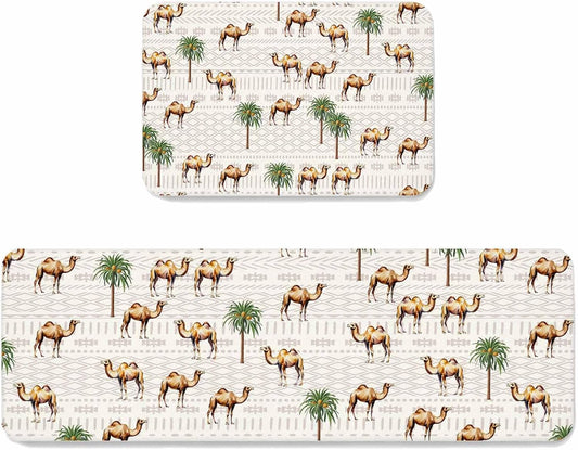 Vintage Camel Kitchen Mats for Floor 2 Piece, Coconut Trees Bohemia Tribe Geometric Absorbent Non-Slip Kitchen Rugs Comfort Standing Mat for Laundry, Hallways 19.7"x31.5"+19.7"x47.2"