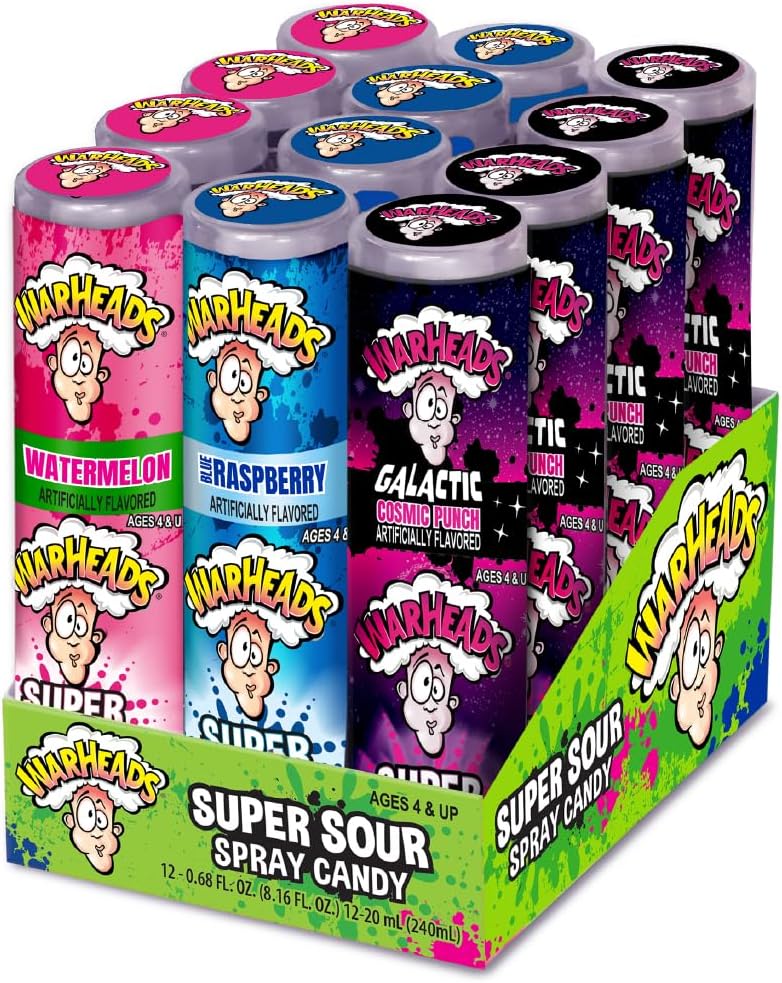 WARHEADS - Super Sour Candy Spray - Blue Raspberry, Green Apple and Watermelon Flavors - 0.68 oz. Bottles - 12 Pack