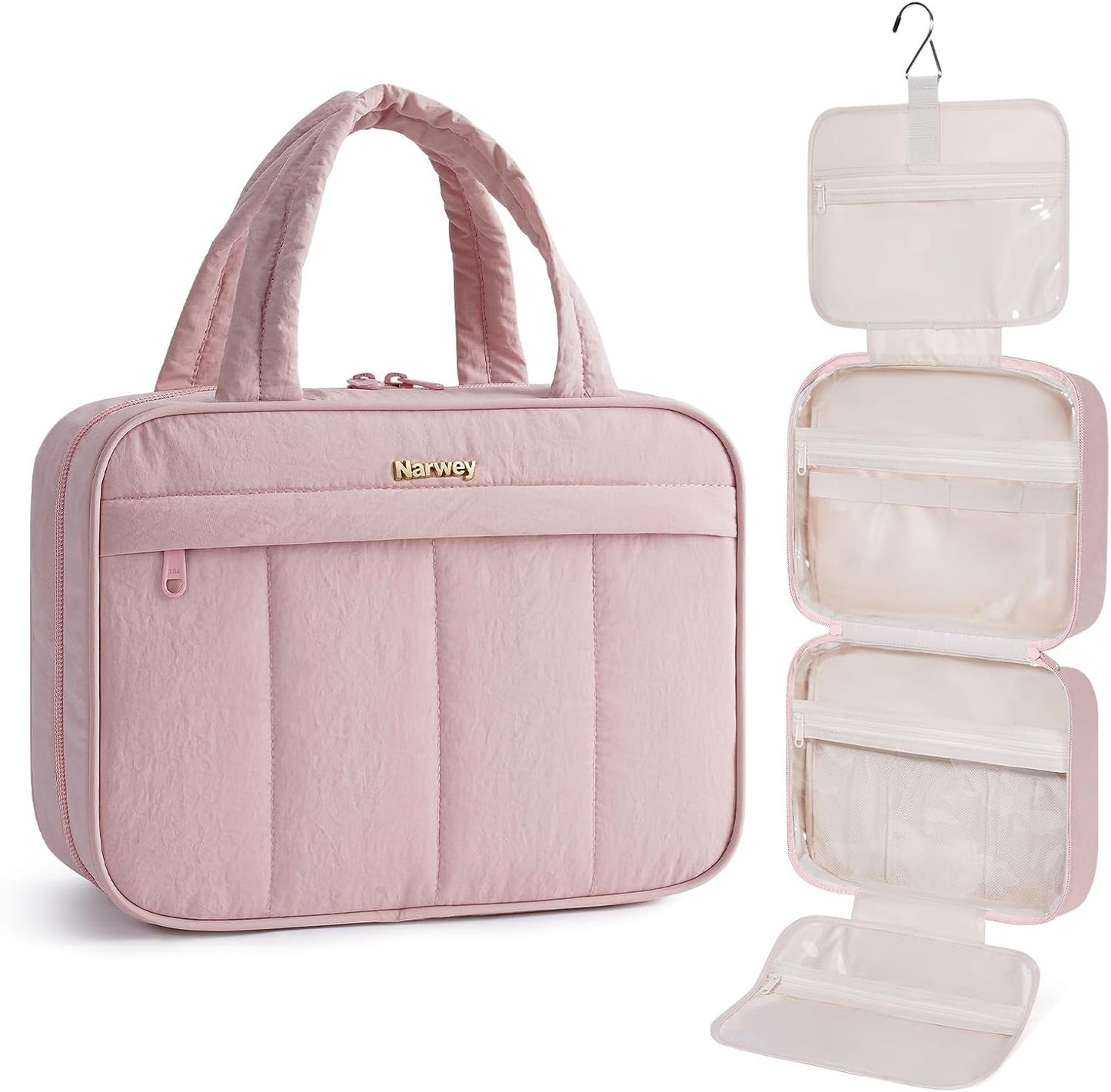 Narwey Hanging Travel Toiletry Bag for Women, Quilted Makeup Bag Organizer with Handle, Portable Toiletries Bag for Travel Essentials, Accessories, Brushes, Cosmetics (Pink)