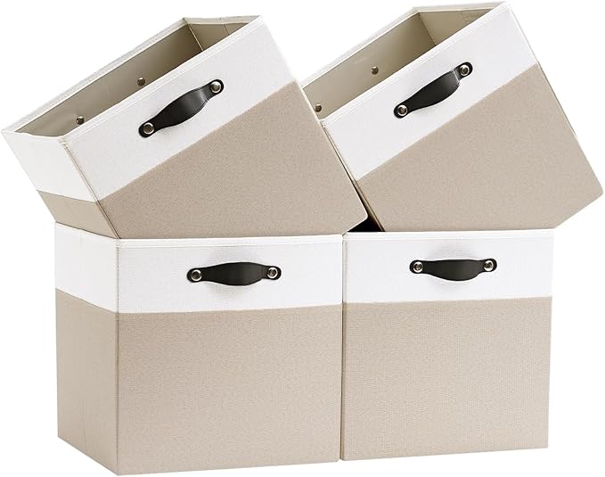 Storage Cube Bins | 7.7 oz/ydÂ² Fabric Cubby Organizer Baskets for Shelf, Closet, Cabinet, Wardrobe | KALLAX Shelving Unit Insert Drawer | 4 Pack, Beige & White, 13x15x13 Inch