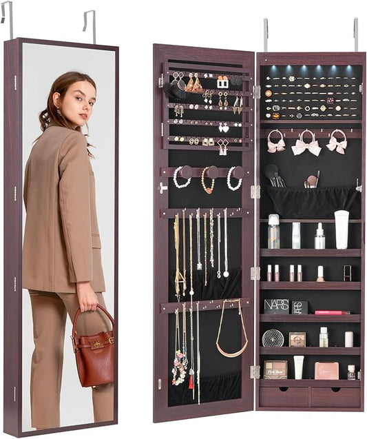 VEVOR Mirror Jewelry Cabinet, 47.2-Inch Tall Lockable Jewelry Armoire with Full-Length Mirror, Wall/Door Mounted Organizer with LED Lights and Velvet Lining, Brown