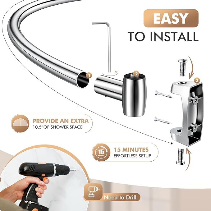 Bonpally Curved Shower Curtain Rod for Bathroom, 40-72 Inches Adjustable Curved Shower Rod, 0.9MM Rustproof Shower Curtain Rod with Rotating Brackets for Extra Shower Space, Need to Drill, Chrome
