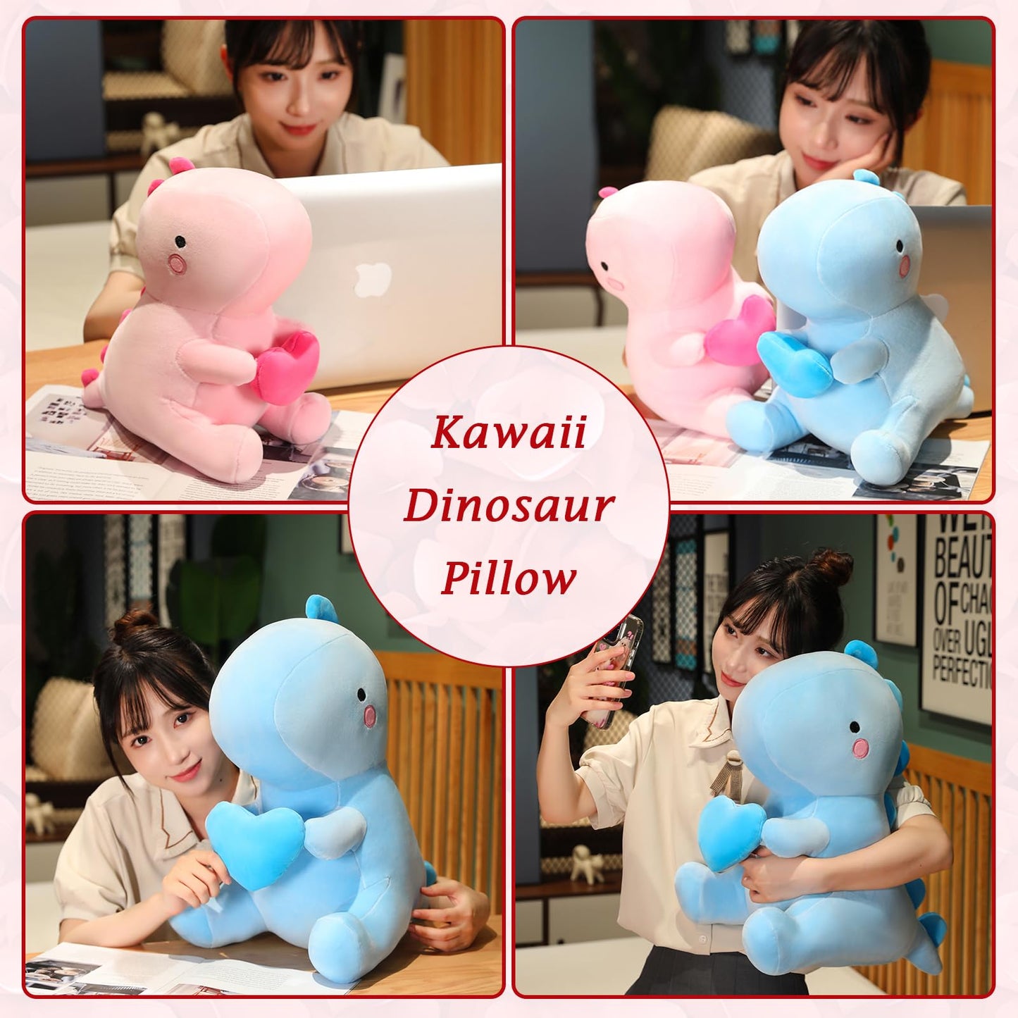 SQEQE Dinosaur Stuffed Animal, Loving Soft Dino Plush Toys with Holding Heart, Sweet Romantic Anniversary Birthday Gift for Her Girls Boys Girlfriend(Pink,12 inch)