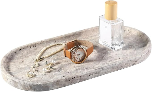 Koville Natural Travertine Tray for Bathroom Countertop, 12"x6" Vanity Decorative Marble Tray for Perfume, Candles, Jewelry, Stone Catchall Trays Jewelry Dish, Silver Stone Trays for Kitchen Counter