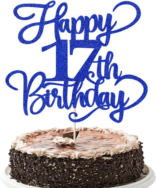 Glitter Happy 17th Birthday Cake Topper,Hello 17，Cheers to 17Years,17th Anniversary Cake Topper， boy girl 17 years old birthday Party Decor (blue)