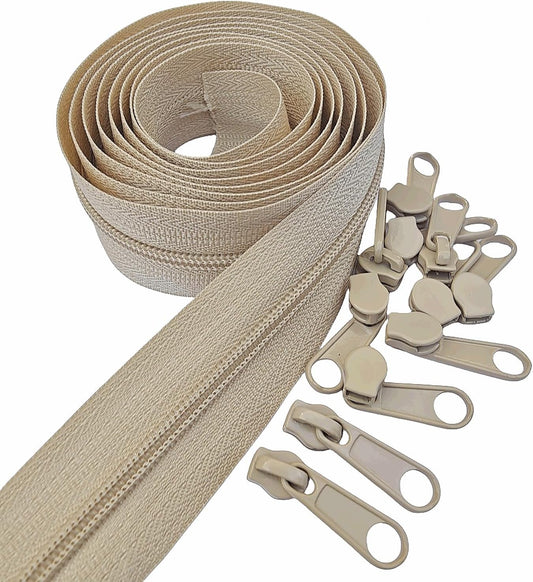 MebuZip #3 Nylon Coil Zippers by The Yard Bulk Zipper Roll Zipper Tape 10 Yards with 25pcs Pulls for Sewing Tailor DIY Craft Bags Pillows (Beige 10Yards)