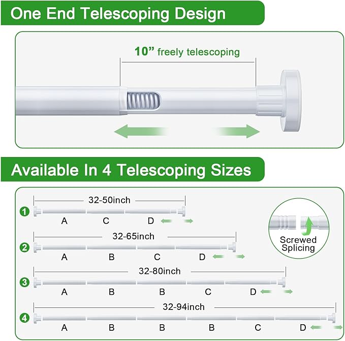 Ausemku Shower Curtain Rod 32-65 Inch Adjustable - 1 Inch Diameter Heavy Duty No drill Spring Tension Shower Rod, Non-Slip Rustproof Telescopic Rod for Bathroom, White