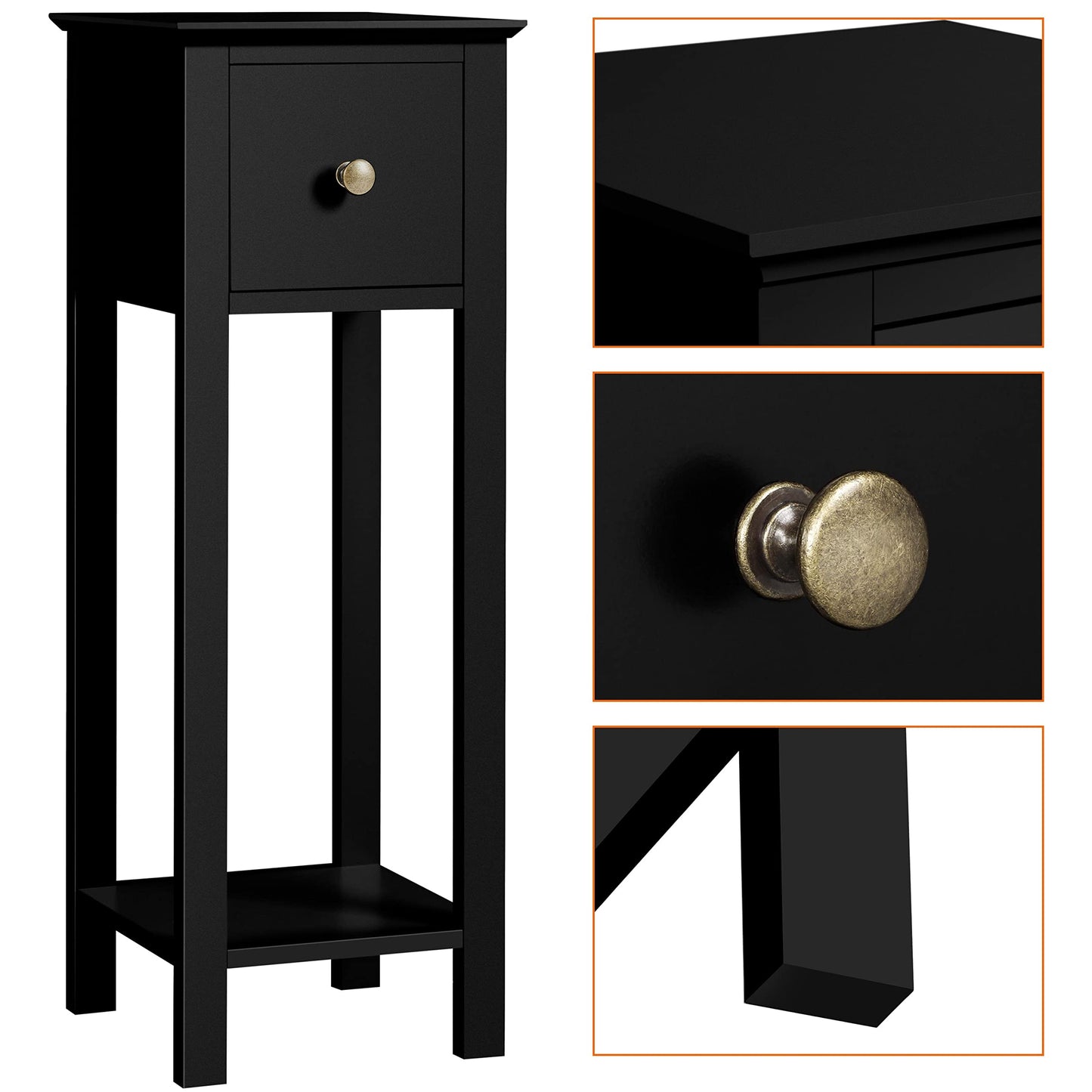 Yaheetech Black Slim Bedside Table Set of 2, Narrow Wooden Nightstand with Drawer & Shelf, Tall Telephone Table Hallway Side Table, 25x25x70cm