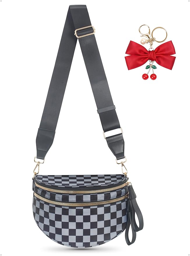 Checkered Crossbody Bag for Women, Spacious Sling & Stylish Bum Bag for Travel, Concerts, Festival, Nylon Fanny Pack Belt Bag (Colour Bum Bag-Black Grey Checkered)