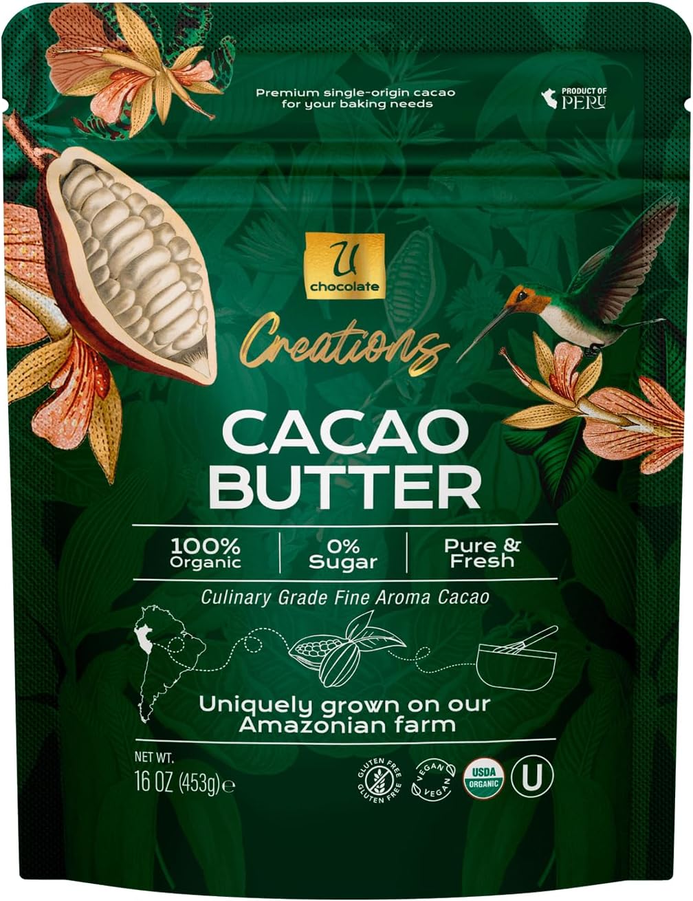 U Chocolate Organic Cacao Butter, 100% Pure Unrefined Food Grade – Fresh from our Farm – Vegan, Allergen-Free, Single-Origin for Baking & Keto – 16 oz
