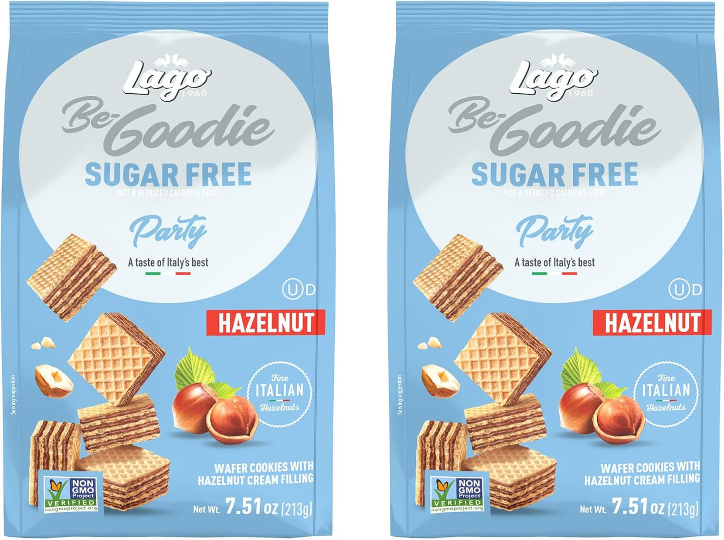 Gastone Lago Party Wafers Cookies, Hazelnut Sugar Free – 7.5 oz Each (2-Pack) | Italian Crispy Wafer Cookies with Creamy Hazelnut Filling