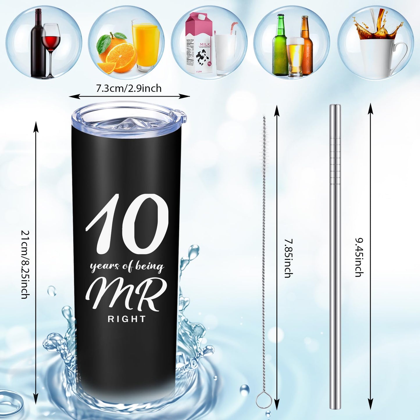 Cunhill 2 Pcs Mr. Right Mrs. Always Right Travel Tumbler Set 20 oz Wedding Engagement Anniversary Travel Mug for Husband Wife Newlywed Couples Bride Groom Anniversary(10th Straight)