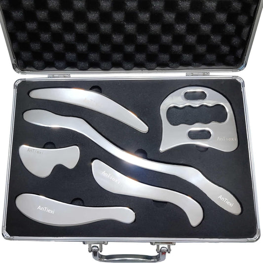 Stainless Steel Gua Sha Scraping Massage Tool Set - IASTM Tool Set- Great Soft Tissue Mobilization Tool Physical Therapy (AnTiexi02-6set)