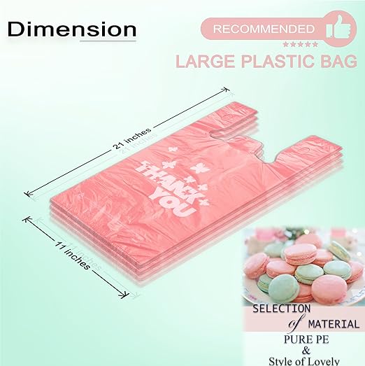 PINK Thank you bags, 200PCS T shirt bags, To Go Bags,Grocery bags, Reusable and Disposable,Perfect for Small Business,Take Out,Retails,11 inchx6 inchx21 inch(200),Large