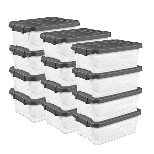 Sterilite 12-Pack Modular Stacker Box, Durable Clear Plastic Storage Bins with Latching Lids, 16 Quart - Stackable Organizing Container Boxes for Closet, Bathroom, and Office