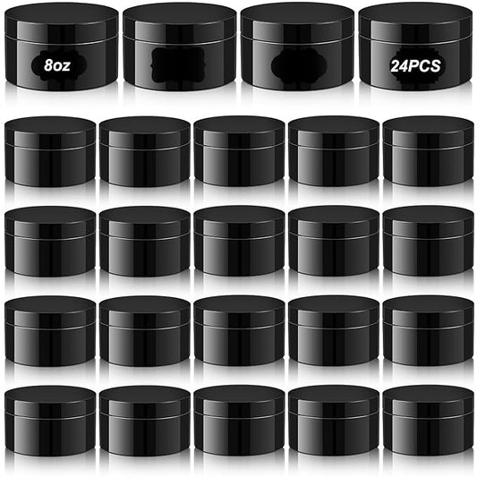 Dandat 24 Pcs 8 oz Plastic Jar Container with Lid and Label Refillable Empty Round Black Pet Cosmetic Sample Slime Containers for Lotion, Cream, Ointments, Body Butter, Makeup, Travel Storage