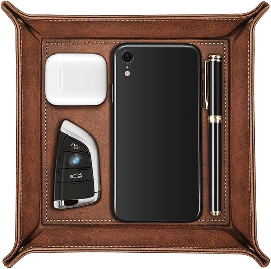 SITHON Valet Tray Desktop Storage Organizer â Premium PU Leather Catchall Bedside Vanity Tray Nightstand Caddy Holder for Remote Controller, Keys, Phone, Wallet, Coin, Jewelry, Brown