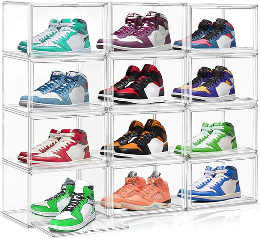 10 Pack Acrylic Shoe Display Case, Size 12 Sneaker Storage Box Stackable Shoe Containers with Magnetic Lid, Clear Shoe Storage Cabinet for Entryway, Closet, Underbed,Hallway, Bathroom, Balcony