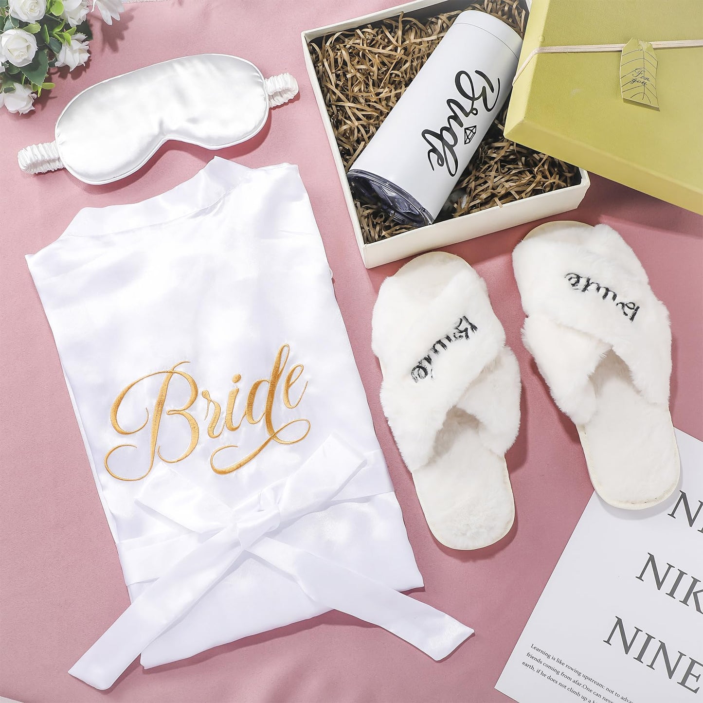 Handepo 5 Pcs Bridal Shower Robe Gifts Bride Gift Set with Sleeping Eye Mask Slippers for Wedding Party Bridesmaids(Bride)