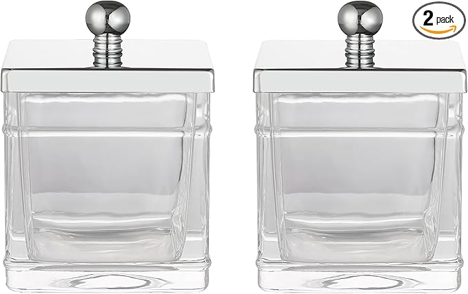 Glass Cotton Jar Holder 2 Packâ Silver/Chrome Lid, Elegant Bathroom Storage Canister for Qtips, Cotton Balls, Floss, Makeup Organizer, Vanity & Bathroom Organization