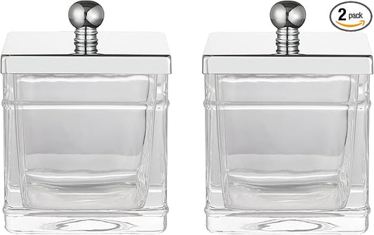 Glass Cotton Jar Holder 2 Packâ Silver/Chrome Lid, Elegant Bathroom Storage Canister for Qtips, Cotton Balls, Floss, Makeup Organizer, Vanity & Bathroom Organization
