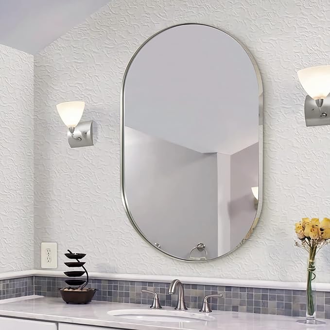 ANDY STAR Rustproof Oval Mirror for Bathroom, 30x40 Inch Chrome Mirrors for Bathroom, Oval Vanity Mirrors Polished Chrome Stainless Steel Frame 1’’ Deep Hang Vertically & Horizontally