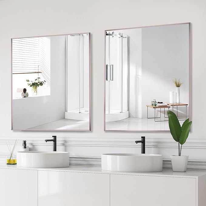 24x36 Inch Pewter Bathroom Mirror for Wall, Aluminum Frame Rectangle Rectangular Vanity Mirror, Modern Large for Bedroom, Living Room, Horizontal or Vertical