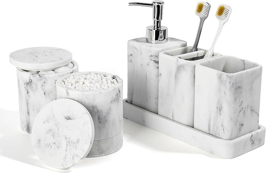 Bathroom Accessories Set, 6 Piece Bathroom Set with Toothbrush Holders, Soap Dispenser, Vanity Tray, Tumbler, Cotton Swab Jars, Bathroom Organizerï¼Bathroom Sink Sets, Artificial Marble White