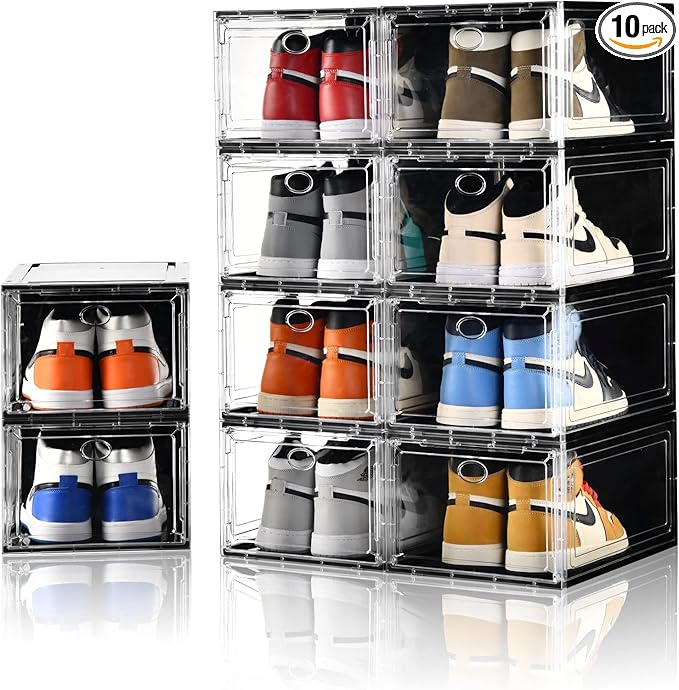 10 Pack Shoe Boxes Stackable,Upgraded Sturdy Storage Boxes with Clear Magnetic Door,Multifunctional Sneaker Organizer Fit up to US Size 12 (13.8âx 9.84âx 7.1â)