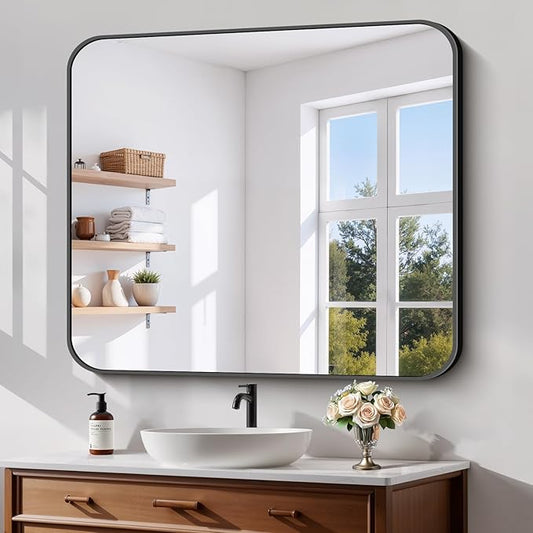 Koonmi Black Framed Bathroom Mirror - 36x40 Inch Shatterproof Tempered Glass Vanity Mirror for Bathroom Sink, Wall Mounted with Matte Aluminum Alloy Frame, No Distortion, Modern Decor