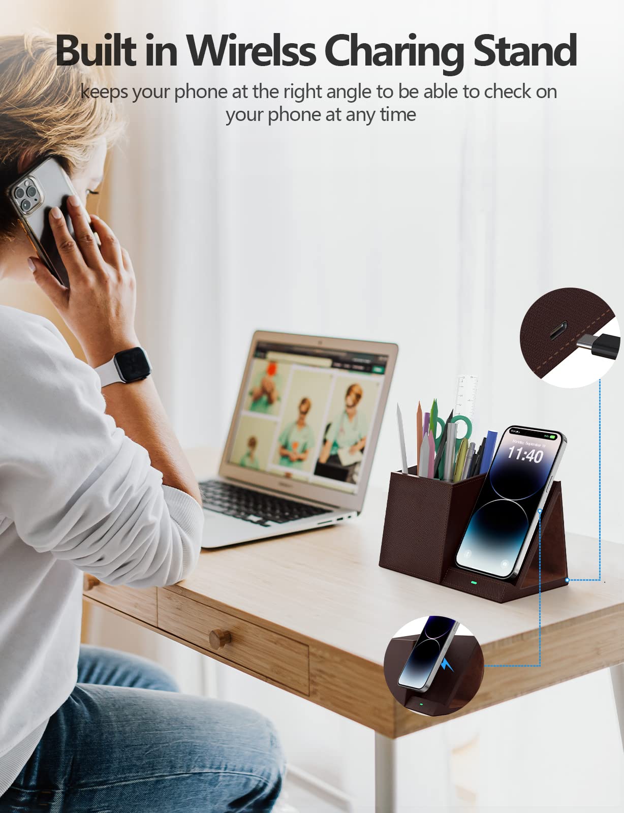 Desk Supplies Organizer, Multi-Functional Pencil Pen Holder with Wireless Charger, Desktop Stationery Organizer, Home Office Supply Storage Box Caddy (Brown)