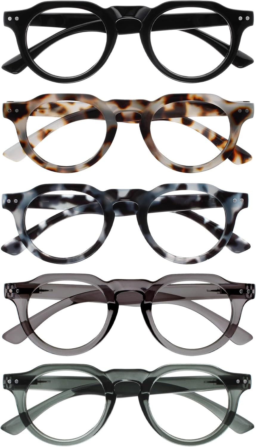 OPULIZE RIO Reading Glasses with Blue Light Blocking for Women and Men, Flat Top Frame with Spring Hinges, Computer gaming glasses, Black,Brown Tort,Blue Tort,Green,Mid Grey +3 (Pack of 5)