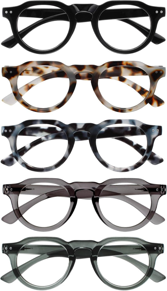 OPULIZE RIO Reading Glasses with Blue Light Blocking for Women and Men, Flat Top Frame with Spring Hinges, Computer gaming glasses, Black,Brown Tort,Blue Tort,Green,Mid Grey +3 (Pack of 5)