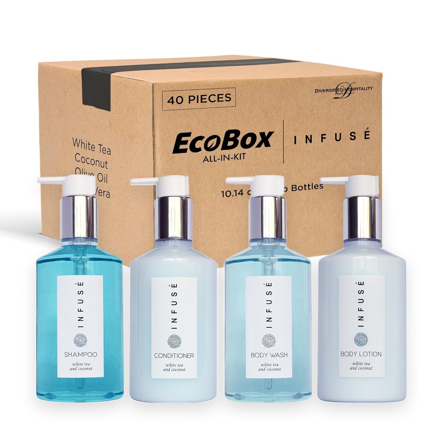 1-Shoppe Infuse 40 Piece Ecobox All-In-Kit | White Tea and Coconut Soap | 12 Shampoo, 8 Conditioner, 12 Body Wash & 8 Lotion | 10oz Hotel Soaps and Toiletries Bulk | Personal Care Products