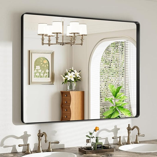 40X32 Black Bathroom Mirror for Over Sink, Metal Framed Vanity Mirror Wall Mounted, Rectangle Mirror for Bedroom Living Room Restroom Entryway, Anti-Rust, HD Tempered Glass