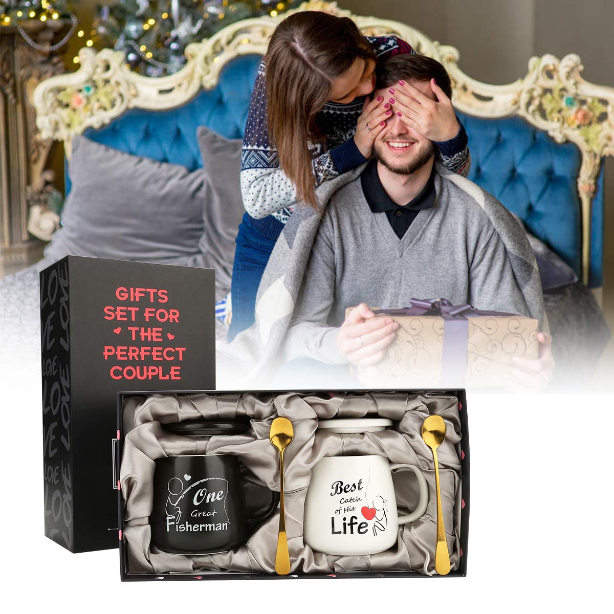 One Great Fisherman, Best Catch of His Life Coffee Mugs Mr Mrs Gift Set - Unique Anniversary Engagement Wedding Gifts for Couples - Funny Idea for Lovers Friends Parents Housewarming -15 OZ