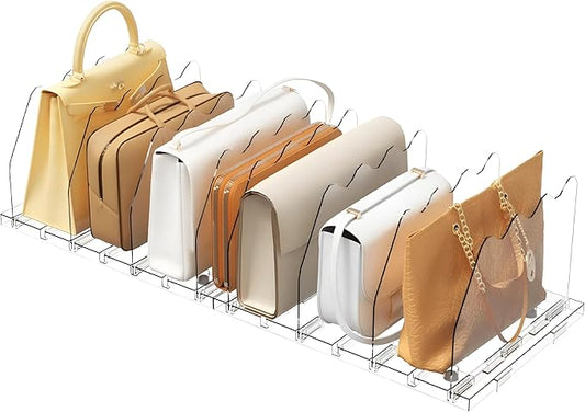 2 Pack Clear Bag & Purse Organizer for Closet - Adjustable Shelf Dividers for Closet Organizer - Clear Bag Storage Separator Rack for Handbag, Clothes Clutch, Tote, Book in Bedroom, Office