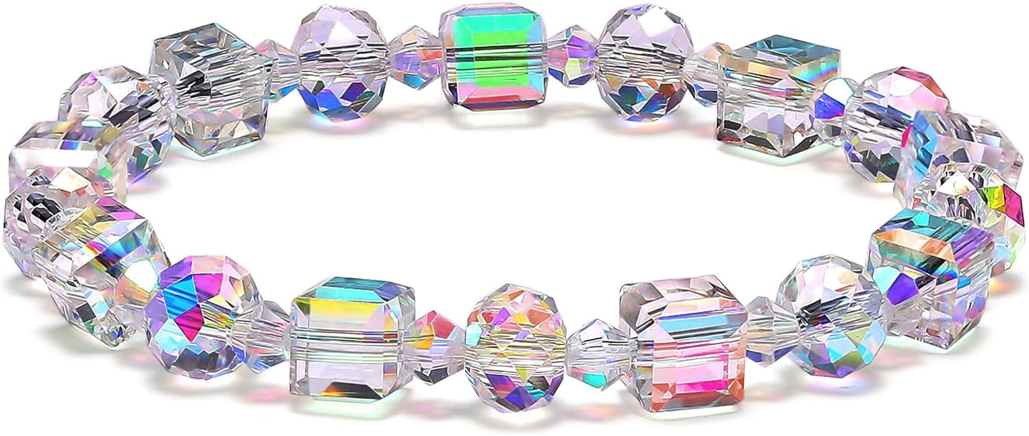 HANGINTHERE Aurora Borealis Crystal Bracelet for Women, Stretch Iridescent Faceted AB Coating - 5000+ Pull Tested, Gift Ready