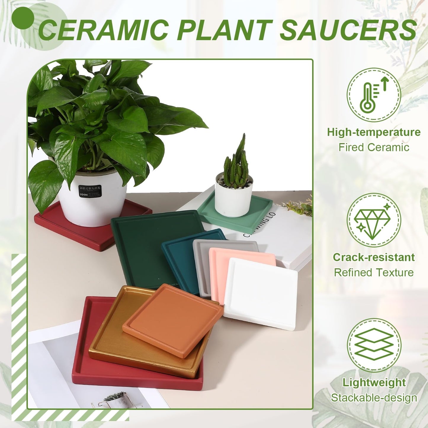YELARXI 7.5 Inch Ceramic Plant Saucers, Square Flower Planter Water Trays Ceramic Plant Saucer Pot Tray -Fitting for (Outdoor/Indoors/Garden/Planting/Water/Flower/Coffee) Green Blue