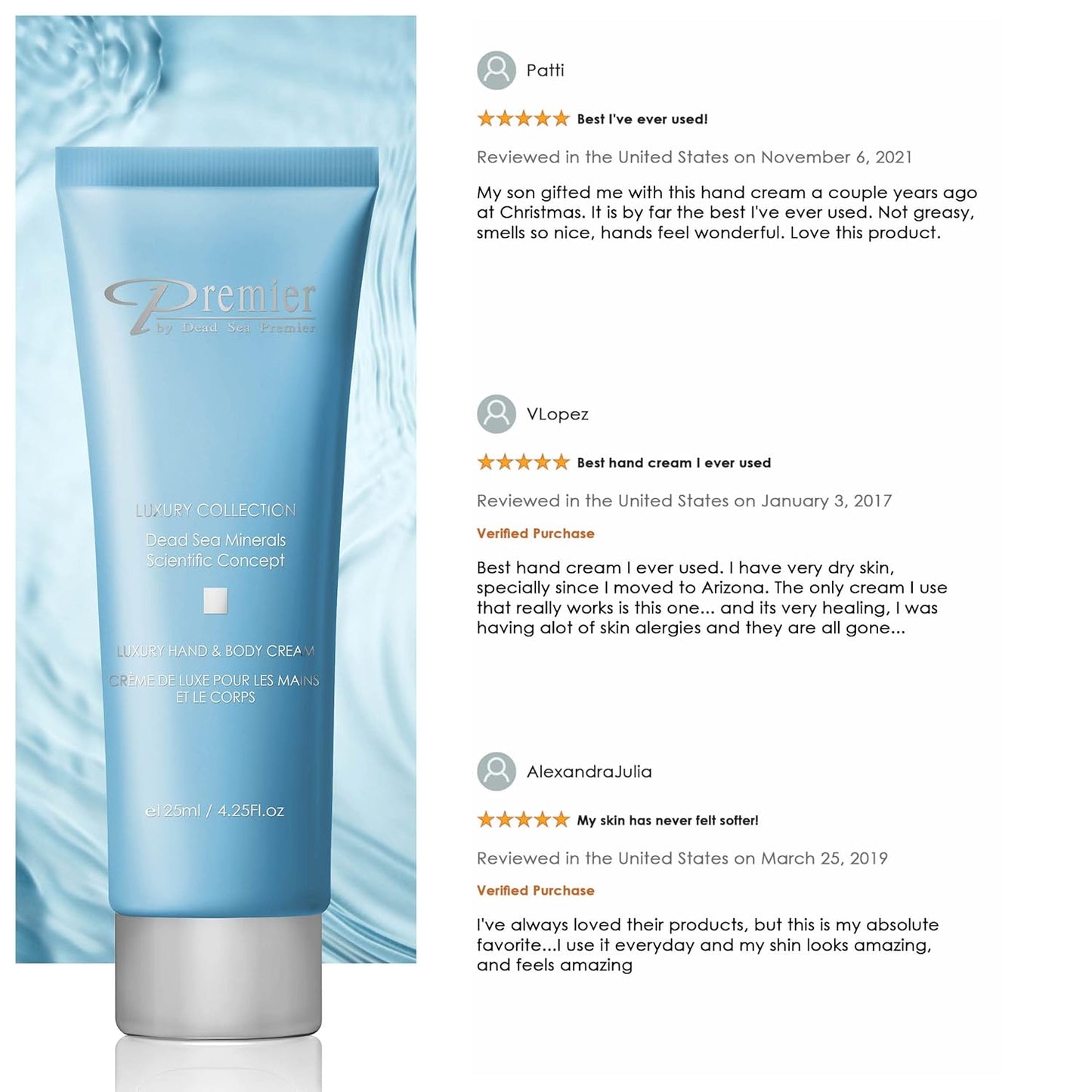 Premier Dead Sea Luxury Hand & Body Cream, hydrating, fast absorbing, no tackiness, relaxing , with witch hazel and vitamins 4.25fl.oz
