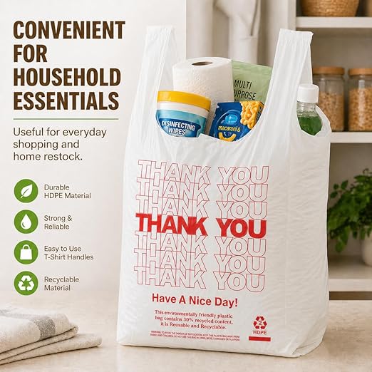 YoYoRain 1000 Pack White Thank You T-Shirt Bags with Handles, 11"x6"x21" Plastic Shopping Bags for Grocery, Retail & Takeout