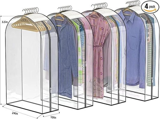 Upgraded Thickened Clear Garment Bags for Hanging Clothes 4 Packs, 10â Gusseted Clothes Hanging Storage Bags for Closet, Shirts, Coats, Dresses (32 inch)