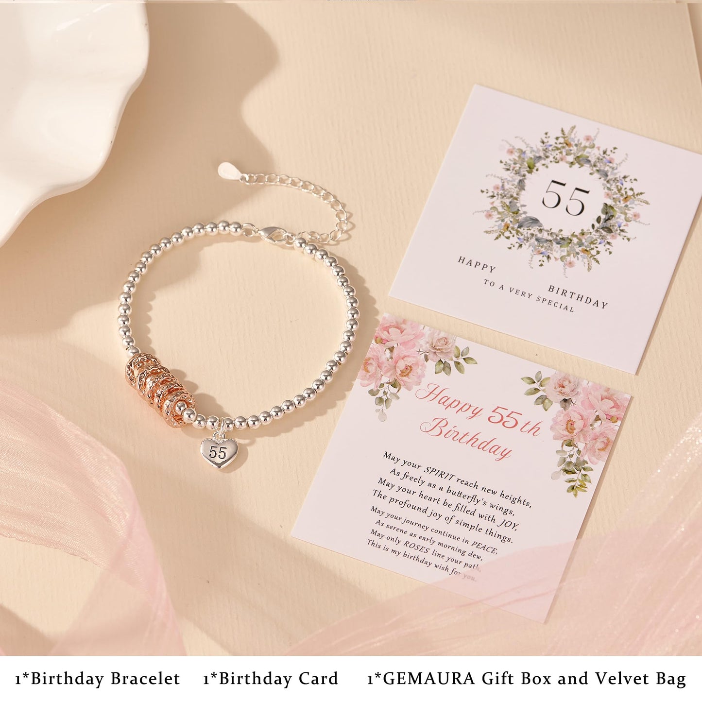 FENNELISA 55th Birthday Gift for Women,Adjustable Silver Bracelet for Women Sterling Silver Bracelet 55th Birthday Presents Gifts Ideas with Cards for Mum Sister Grandma
