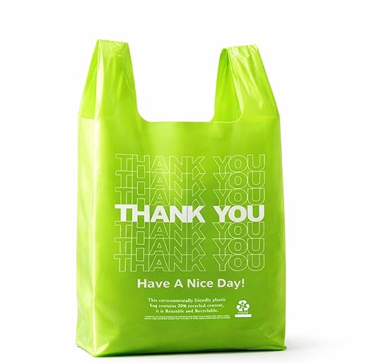 YoYoRain 100 Pack “Thank You” T-Shirt Bags – Green Plastic Shopping Bags with Handles, for Retail, Grocery, Supermarket, Takeout