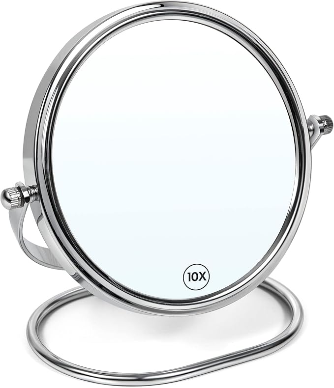 Portable Folding Travel Makeup Mirror,1X/10X Magnifying Vanity Mirror,6â Double-Sided 360Â° Swivel,Handheld & Wall Hanging Metal Mirror for Home and On-the-Go Use,Travel Storage Bag Included,No Light