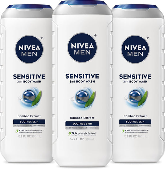 NIVEA MEN Sensitive Body Wash with Bamboo Extract, Moisturizing Body Wash for Sensitive Skin, Soap Free Shower Gel for Men with No Drying Alcohol, 16.9 Fl Oz Bottle, Pack of 3