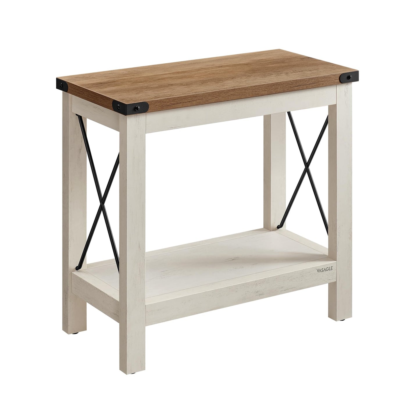 VASAGLE 2-Tier Side Table, End Table with Bottom Shelf, Nightstand for Small Spaces, for Living Room, Bedroom, Farmhouse Style, Rustic White and Honey Brown LET235W01