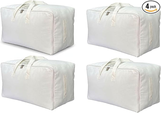Soft Canvas Clothes Storage Bags with Four Carrying Handles and Clear Window, Closet Organizer for Clothing, Blankets Sheets Pillows and Bedding, 55L, 4 Pack, White